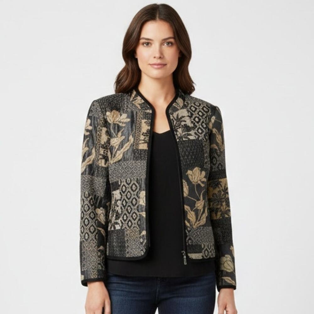 Molly & Maxx Womens Tapestry Jacket Sz Medium Petite Multi Full Zip Front Casual